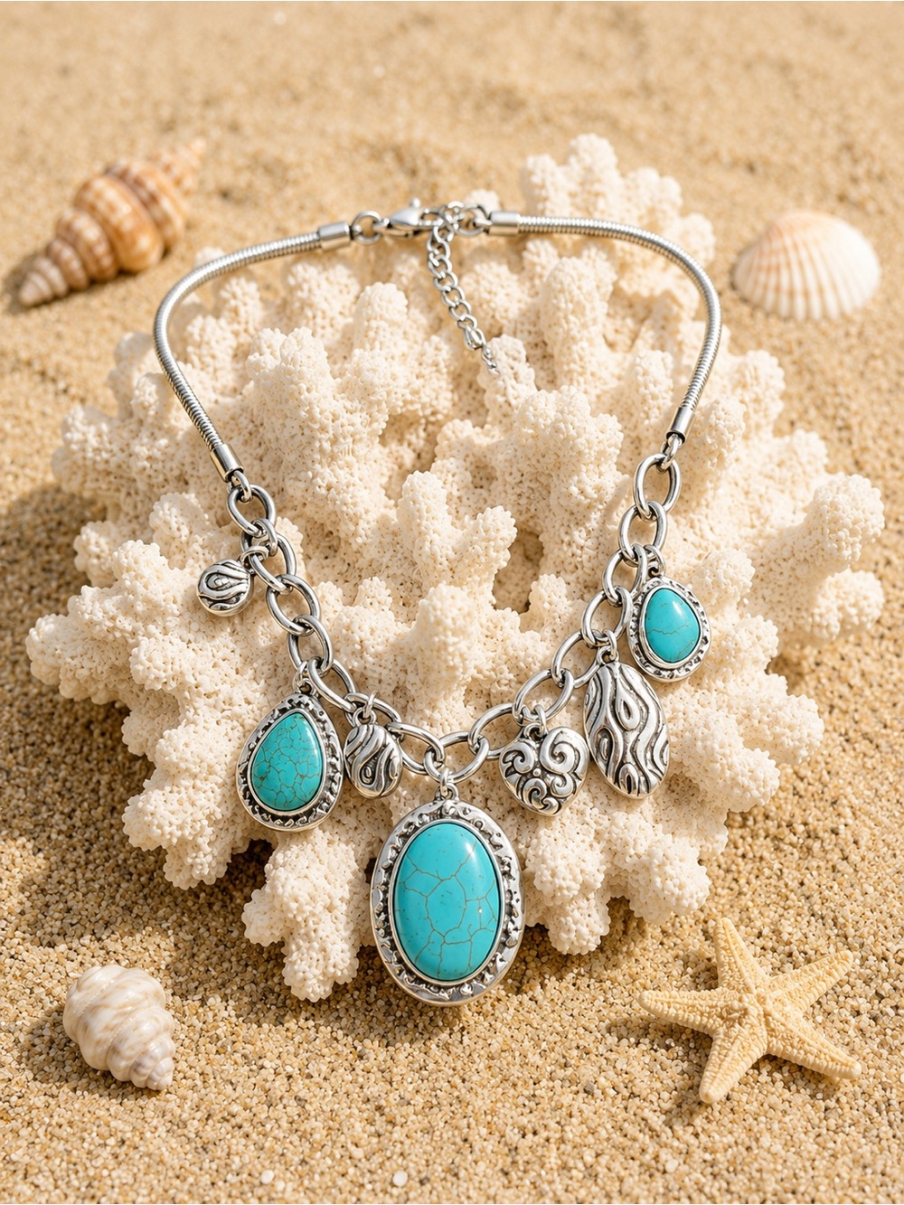 ❤️❤️❤️Turquoise Teardrop & Oval Charm Necklace - Silver Tone